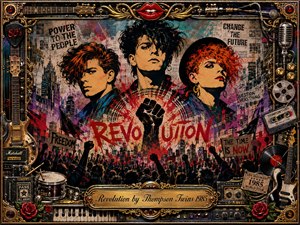 A bold 1980s-inspired mixed-media collage portrays three dramatic figures above a surging protest crowd, framed by guitars, microphones, records, keyboards, roses, and ornate gold detailing. Fiery reds, black, teal, and metallic tones create rebellious energy, while gritty city textures, raised fists, graffiti, and vintage music memorabilia intensify the revolutionary mood.