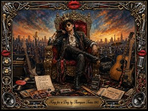 A crowned rock star lounges on an ornate crimson throne before a fiery city skyline and cheering crowd, surrounded by guitars, drums, records, tickets, and backstage memorabilia. Warm gold, red, black, and amber tones create theatrical intensity, while the richly detailed painted style and elaborate music-themed frame suggest glamorous, fleeting triumph.