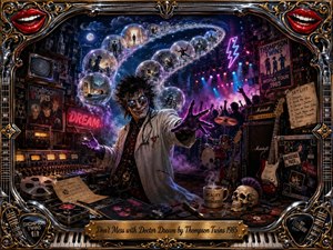 A flamboyant dream doctor stands amid a surreal 1980s rock laboratory, reaching through glowing purple haze as floating memory bubbles spiral overhead. Neon reds, electric blues, chrome, and gold illuminate guitars, drums, amplifiers, recording equipment, posters, and scattered memorabilia. An ornate musical frame and engraved title plate complete the theatrical composition.