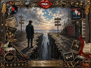 A solitary figure stands before a vast fractured chasm beneath a turbulent blue-gray sky, facing signposts toward fear, doubt, hope, and belief. Rich painterly textures, muted earth tones, glowing horizon light, and dramatic perspective create a reflective mood, framed by ornate guitars, drums, records, microphones, chrome, and vintage rock memorabilia.