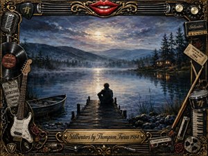 A solitary figure sits on a weathered dock beside a moonlit mountain lake, surrounded by mist, evergreens, a small boat, and a glowing cabin. Cool blues, silvers, and amber reflections create a contemplative mood. An ornate rock-and-roll frame of guitars, records, drums, cables, roses, and gold filigree completes the richly textured painting.