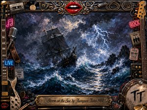 A dark sailing ship battles towering blue-black waves beneath a violent lightning storm, creating a tense, cinematic mood. Dramatic white flashes illuminate foaming water and jagged rocks, while a richly detailed rock-music frame surrounds the scene with guitars, neon signs, records, cables, bright red lips, drums, chrome, and gold accents.