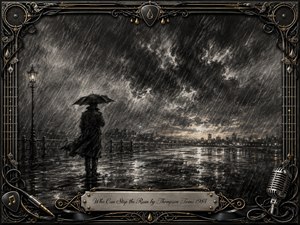 A solitary figure stands beneath an umbrella on a rain-soaked waterfront, facing a distant glowing skyline beneath turbulent charcoal clouds. Silvery rain and reflections create a somber, resilient mood. An ornate black, chrome, and gold music-themed frame surrounds the scene, featuring cables, strings, a microphone, musical emblems, and an engraved title plate.