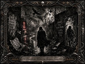 A solitary figure in a long dark coat walks through a rain-soaked industrial alley beneath circling ravens and stormy skies. Deep charcoal blacks and smoky grays dominate, accented by a faint red neon glow. Ornate metal framing, barbed wire, skulls, guitar details, and engraved lettering intensify the brooding gothic atmosphere.