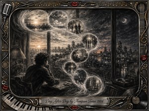 A solitary figure gazes across a shifting cityscape where glowing memory bubbles spiral through dawn, dusk, and night. Deep feathered charcoal textures create a reflective, melancholic mood, softened by silvery highlights and warm accents. An ornate chrome-and-gold musical frame, red lips, instruments, cables, and engraved title plate complete the nostalgic composition.
