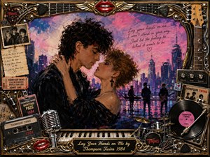 A romantic couple embraces beneath a glowing pink and violet city skyline, surrounded by silhouetted musicians and shimmering stage reflections. Rich painterly textures, warm highlights, and dramatic 1980s neon tones create an intimate, celebratory mood. An elaborate gold-and-chrome frame incorporates instruments, records, tickets, microphones, memorabilia, and a polished engraved title plate.