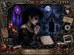 A gothic woman with spiky black hair and crimson lips clasps a rosary beside candlelit cathedral ruins under a cold moon. Deep blues, black lace, violet stained glass, roses, skulls, and mist create a haunting, reflective mood. An ornate gold-and-chrome music-themed frame surrounds the richly detailed digital collage.