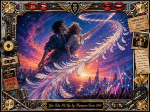 A romantic couple rises above a glowing twilight city as sweeping white feathers curl through the sky in a dramatic S-shaped arc. Deep blues, fiery oranges, pinks, and golds create an uplifting dreamlike mood. An ornate chrome-and-gold music-themed frame surrounds the painterly scene with records, tickets, microphones, cables, and memorabilia.