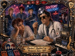 A surreal 1980s neon clinic scene shows an eccentric doctor examining a syringe beside an anxious patient, while Thompson Twins-inspired musicians perform through smoky shadows behind them. Rich blues, reds, chrome, and gold glow dramatically. An ornate music-themed frame surrounds instruments, records, pedals, cables, and vivid pop-art details.