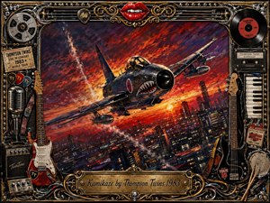 A fierce vintage fighter plane dives over a glowing industrial city beneath a turbulent red, orange, and violet sky, creating a reckless, high-energy mood. Richly textured digital painting combines dramatic sunset lighting with chrome, gold, guitars, records, microphones, and concert memorabilia in an ornate rock-inspired frame surrounding the scene.
