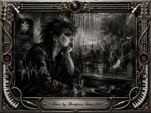 A solitary figure sits beside a rain-streaked window, gazing across a shadowy nighttime city in quiet sorrow. Deep charcoal textures, smoky grays, fractured reflections, drifting feathers, and dim lights create a haunting new-wave mood. An ornate chrome-and-gold musical frame surrounds the scene, accented by piano keys, cables, records, and red lips.