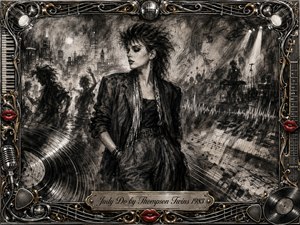 A stylish new-wave woman stands amid a smoky 1980s city-stage dreamscape, rendered in deep feathered charcoal and silvery gray. Dancing silhouettes, piano keys, vinyl grooves, sound waves, and spotlights surround her. An ornate chrome-and-gold musical frame, accented with red lips, encloses the moody, energetic composition.