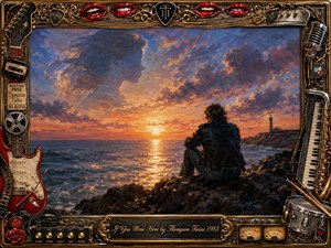 A solitary figure sits on rugged seaside rocks, watching a glowing sunset beneath an ethereal womans profile drifting through the clouds. Rich oranges, blues, and purples create a wistful romantic mood. An ornate gold-and-chrome music-themed frame surrounds the painterly scene with guitars, lips, instruments, roses, and vintage recording details.