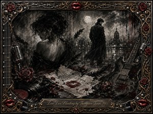 A gothic charcoal tableau portrays two estranged lovers beneath a pale moon, surrounded by torn letters, wilted roses, feathers, vinyl, a microphone, and an electric guitar. Deep blacks, smoky grays, and crimson accents create a mournful, romantic mood, framed by ornate chrome, gold filigree, red lips, roses, and musical details.