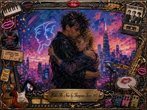 A couple embraces beneath a vivid 1980s city skyline, surrounded by glowing neon faces, saturated pinks, blues, and purples. The intimate, nostalgic mood contrasts with an elaborate gold-and-chrome music frame packed with guitars, records, drums, saxophone, pedals, tickets, and bright red lips, creating a richly textured retro painting.