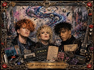 Three expressive figures dominate a richly textured 1980s music collage, set against a smoky urban backdrop beneath a sweeping S-curve of feathered memory bubbles. Gold, black, red, blue, and violet tones glow under dramatic stage-like lighting. An ornate instrument-filled frame, vinyl, tickets, cables, microphones, and the engraved title plate complete the nostalgic, theatrical composition.