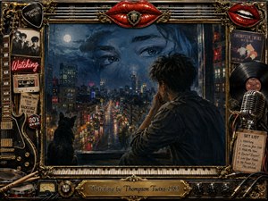 A solitary figure and black cat watch a rain-soaked city from a high window beneath an enormous pair of mysterious eyes. Deep blue night tones, glowing streetlights, and wet reflections create a tense, introspective mood. Rich painterly textures are surrounded by an ornate music-themed frame of guitars, records, chrome, and red lips.