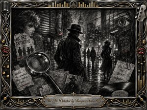A rain-soaked noir city unfolds in deep feathered charcoal, centered on a shadowy trench-coated detective surrounded by mysterious figures, surveillance imagery, scattered clues, a magnifying glass, and vinyl records. Silvery blacks, smoky grays, gold chrome accents, and touches of red create dramatic 1980s intrigue, framed with ornate musical details and an engraved title plate.
