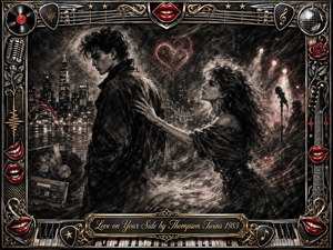 A shadowed young couple reaches across a rain-darkened city night, their uneasy romance captured in deep feathered charcoal. Smoky blacks, soft grays, and restrained crimson highlights create a wistful 1980s atmosphere. Glowing hearts, sound waves, vinyl imagery, and stage lights surround them, framed by ornate chrome, gold, musical details, and red lips.