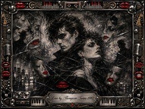 A brooding charcoal portrait of two intertwined figures emerges through shattered reflections, smoky shadows, and tangled threadlike lines, suggesting deception and fractured trust. Vivid red lips punctuate the grayscale cityscape and dramatic chiaroscuro. An ornate chrome-and-gold musical frame surrounds the scene, finished with microphones, keyboards, tape reels, and an engraved title plate.
