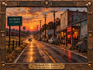A weathered Southern town glows beneath a fiery orange sunset, its wet road reflecting headlights and warm juke-joint light. Vintage cars, utility poles, storefronts, distant railcars, and silhouetted figures create a gritty, soulful atmosphere. Rich painterly textures, aged wood, brass details, and handcrafted framing evoke heat, rhythm, memory, and small-town energy.
