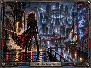 A defiant woman stands on a rain-slick industrial walkway overlooking a vast dystopian city dominated by a glowing surveillance eye. Electric blues, steel gray, crimson accents, steam, drones, and neon reflections create tense cinematic energy. Retro-futurist digital painting, glitch textures, dramatic backlighting, and metallic framing heighten the atmosphere.
