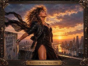 A commanding woman stands on a windswept rooftop above a glowing city at sunset, radiating defiance and freedom. Golden light catches her black sequined dress, leather jacket, and flowing hair as stormy clouds gather. The cinematic, highly detailed composition is enclosed by an ornate bronze-and-black music-themed frame.