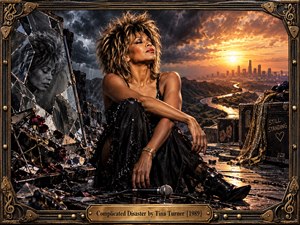 A poised singer sits amid shattered glass, roses, and storm-dark ruins, facing a glowing city at sunset. Her black sequined dress catches warm amber light against cool charcoal clouds. Cinematic painterly realism, dramatic reflections, winding roads, scattered debris, and an ornate bronze music-themed frame create resilience, tension, and hard-won calm.