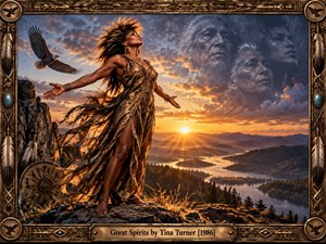 A powerful woman stands barefoot on a rocky summit, arms open beneath a glowing sunset sky. Golden light sweeps across mountains and a winding river while an eagle soars nearby. Ancestral faces emerge softly from stormy clouds, creating a spiritual, triumphant mood framed by ornate bronze, feathers, turquoise stones, and carved details.