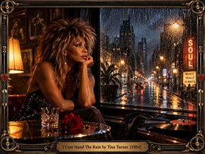 A glamorous woman sits beside a rain-streaked city window, lost in thought beneath warm amber lamplight and cool blue reflections. Neon signs, wet streets, a whiskey glass, red rose, vinyl record, and vintage photographs create a soulful 1980s atmosphere, framed by ornate black-and-gold musical details.