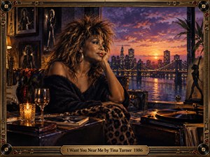 A glamorous woman sits pensively beside a glowing window overlooking a river, bridge, and violet-orange city sunset. Warm candlelight, deep shadows, guitars, records, photographs, and a turntable create an intimate late-night atmosphere. Rich painterly textures, bronze framing, and nostalgic details blend longing, confidence, romance, and reflective solitude.