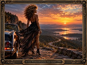 A glamorous woman stands beside a vintage convertible on a rocky overlook, her flowing black dress caught by the wind. Below, a winding road leads through dark hills toward shimmering water and a distant city. Golden sunset light, dramatic clouds, and an ornate black-and-gold frame create a cinematic, romantic atmosphere.
