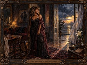 A poised woman stands in a shadowed, elegant room after emotional upheaval, framed by overturned furniture, white lilies, and open doors to a storm-cleared sunrise. Deep burgundy, charcoal, blue, and amber tones glow through textured oil brushwork, creating a soulful atmosphere of exhaustion, dignity, reflection, and fragile peace.