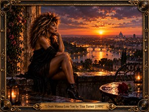 A glamorous woman sits pensively on a rain-darkened stone terrace above a glowing riverside city at sunset. Warm amber light, deep purples, wet reflections, lanterns, and a red rose create romantic tension and quiet vulnerability. The cinematic composition is framed by ornate gold musical details and vintage decorative accents.
