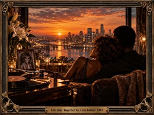 A couple relaxes closely beside a glowing turntable, overlooking a luminous city skyline and reflective waterfront at sunset. Warm amber light, deep bronze tones, soft textiles, lilies, candles, and a framed portrait create an intimate, soulful atmosphere. Ornate musical framing and cinematic realism emphasize romance, nostalgia, and enduring devotion.