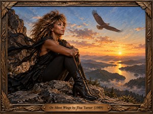 A reflective woman in black sits on a rugged mountain ledge, gazing across misty valleys and golden waterways at sunset as an eagle glides overhead. Warm amber light contrasts with cool blue mountains, creating a mood of solitude and release. An ornate bronze frame adds handcrafted, symbolic detail.