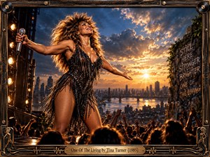 A powerful singer stands before a roaring crowd on an open-air stage above a glowing city river, arms spread in triumph beneath dramatic storm clouds and golden sunset light. Her black fringed costume, windblown hair, bronze musical frame, and cinematic realism create a fierce, resilient, celebratory atmosphere.