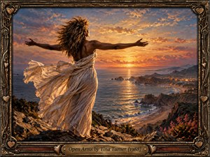 A windswept woman in a flowing ivory dress stands on a rugged coastal cliff with her arms extended toward a glowing sunset. Warm amber light spills across the ocean and distant shoreline, creating a mood of release and longing. An ornate bronze frame with musical details completes the richly cinematic composition.