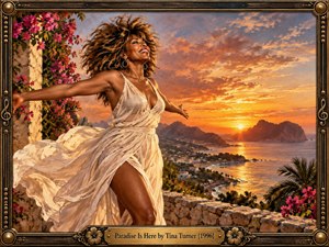 A radiant woman stands on a Mediterranean stone terrace at sunset, arms extended as wind lifts her flowing ivory dress and tousled hair. Golden light floods the sea, distant mountains, coastal village, palms, and bright bougainvillea. The richly textured painting feels joyful, liberated, romantic, and warmly cinematic.
