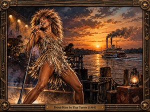 A powerful singer commands a riverside stage at sunset, framed by glowing amber skies, a passing paddlewheel boat, smoky band silhouettes, weathered docks, ropes, and lantern light. Rich bronze, gold, and deep brown tones enhance the energetic, soulful mood, while painterly textures and an ornate musical frame add vintage drama.