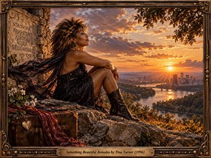 A mature woman sits on a rocky overlook above a winding river and distant city, bathed in glowing sunset light. Warm amber, bronze, and deep shadow create a reflective, resilient mood. Flowing fabric, wildflowers, a vintage trunk, carved words, and an ornate musical frame enrich the cinematic, painterly scene.
