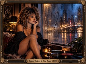 A glamorous woman sits beside a rain-streaked window overlooking glowing city towers and a luminous bridge, surrounded by warm lamplight, candlelight, wine, and a spinning record. Deep blacks, amber highlights, and cool blue reflections create a sensual, restless 1980s mood within a richly detailed cinematic photographic composition.