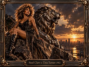 A fierce rock icon sits beside a monumental steel lion above a glowing riverside city at sunset. Bronze, black, and amber tones create a powerful, defiant mood, with dramatic clouds and radiant backlighting. The cinematic composition, metallic frame, musical ornaments, and polished sculptural textures evoke strength, glamour, and hard-edged 1980s energy.