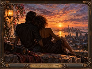 A couple sits closely on a stone terrace overlooking a glowing waterfront city at sunset, creating a mood of intimacy, trust, and reflection. Rich oranges, purples, and deep shadows shape the painterly scene, while a lantern, flowers, guitar case, and ornate bronze music-themed frame add warmth, texture, and period character.