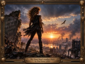 A fierce woman stands on shattered ruins above a smoking city at sunset, her windblown hair and dark fringed clothing conveying defiance and resilience. Golden orange light breaks through storm clouds, illuminating distant water, bridges, and destruction. An ornate metallic frame and soaring bird reinforce the dramatic, cinematic sense of hard-won hope.