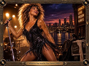 A radiant singer commands a riverside stage in a shimmering black fringed outfit, framed by warm amber spotlights and a glowing city skyline at dusk. Her joyful movement, windblown hair, vintage microphone, reflective water, and ornate bronze record-themed frame create a cinematic mood of strength, freedom, resilience, and triumphant renewal.