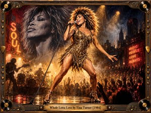 Tina Turner commands a blazing concert stage in a glittering gold fringe dress, framed by smoky amber spotlights, a roaring crowd, shadowed musicians, and a dramatic city backdrop. Warm bronze, red, and black tones heighten the sensual energy, while vintage poster styling, ornate framing, and bold stage lighting create a powerful rock-soul atmosphere.