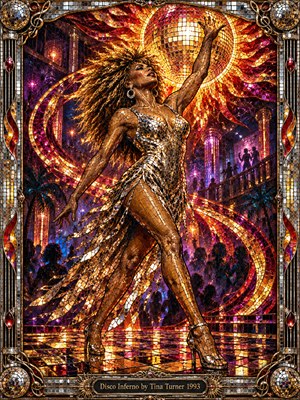 A powerful dancer in a shimmering mosaic dress reaches toward a blazing golden disco ball above a crowded nightclub. Swirling ribbons of fiery orange, ruby, and violet light surround her amid deep blue shadows. Reflective tiles, glittering columns, and an ornate metallic frame create a dramatic, exuberant stained-glass spectacle.