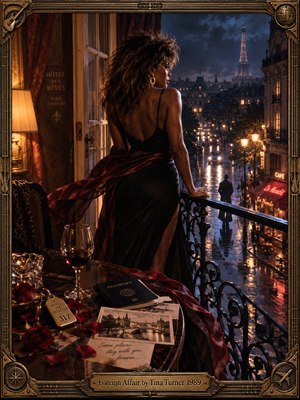 A glamorous woman in a black gown watches rainy Paris from a hotel balcony, her crimson scarf drifting in the night air. Amber lamps illuminate wine, a passport, and scattered roses, while blue shadows surround the distant Eiffel Tower. Cinematic photography and ornate bronze framing evoke romance, secrecy, and longing.