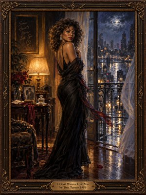 An elegant woman in a flowing black gown gazes back from a moonlit balcony overlooking a rainwashed city. Warm lamplight illuminates red roses, a framed photograph, and polished wood, contrasting with cool blue clouds and shimmering reflections. Rich oil brushwork and an ornate bronze musical frame evoke longing and fragile romance.